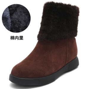 磨砂皮加绒保暖平底雪地靴女靴冬季百搭圆头毛毛靴复古短靴女