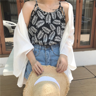 夏季韩版宽松百搭无袖印花吊带背心外穿内搭休闲打底衫漏肩上衣女叶子吊带均码