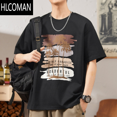 HLCOMAN特卖 夏季短袖t恤男潮牌印花体恤宽松百搭上衣