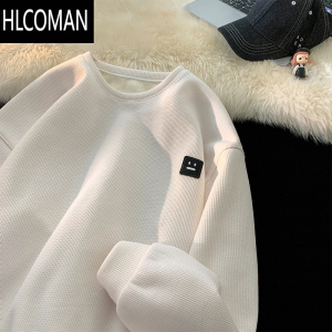 HLCOMAN华夫格加绒圆领卫衣男冬季加厚大码长袖t恤360g潮牌宽松外套