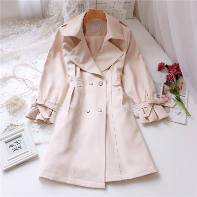 FISHBASKET2020装韩版时尚气质复古翻领双排扣荷叶边袖修身外套风衣女装风衣女