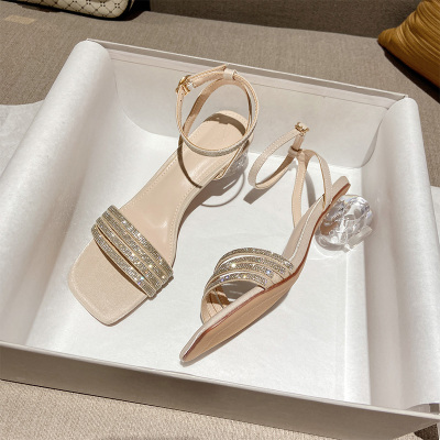 Ideamini女士凉鞋女2021年新款夏季百搭仙女风时装水晶中跟露趾高跟鞋粗跟