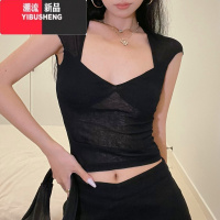 YIBUSHENG法式独特方领飞飞袖后背镂空性感T恤女季黑色显瘦短款外穿上衣