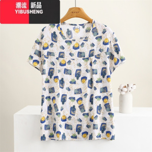 YIBUSHENG季棉绸短袖上衣女薄款宽松大码妈妈人造棉圆领T恤衫中老年装