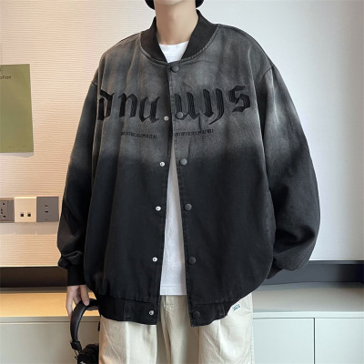 男装渐变棒球服男春秋季美式复古字母宽松百搭情侣款痞帅牛仔夹克