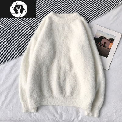 HongZun毛衣男士宽松圆领秋冬季韩版加绒加厚白色打底衫马海毛衣潮流个性毛衣