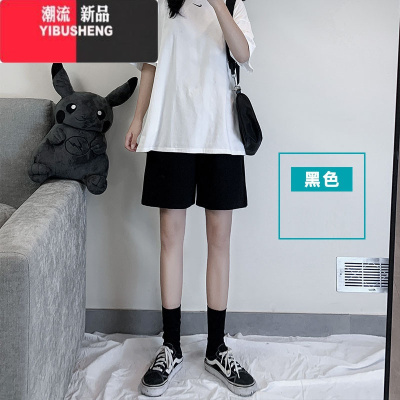 YIBUSHENG黑色短裤女季薄款宽松直筒五分学生百搭显瘦高腰阔腿休闲裤