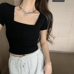 夏季新款修身内搭方领短袖T恤女高腰短款露脐打底衫上衣女装_1