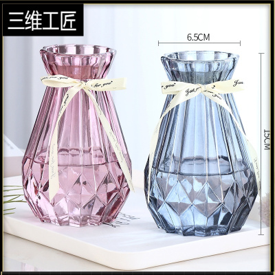 两件套-北欧玻璃花瓶透明水养富贵竹百合客厅干鲜花插花瓶摆件三维工匠（小钻石烟灰+酒红）大