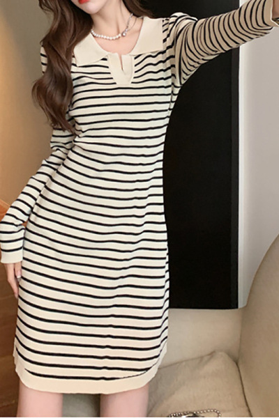 秋冬新款韩版翻领法式小香风内搭毛衣裙气质显瘦条纹针织连衣裙女_687
