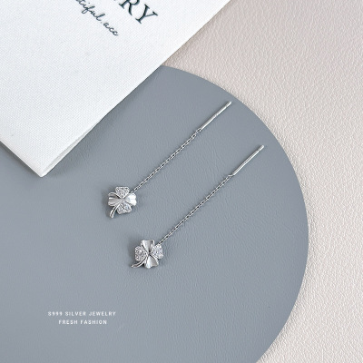 四叶草耳线女s999纯银森系小清新百搭微镶耳钉学生足银耳饰批发送女朋友老婆情人节七夕生日礼物