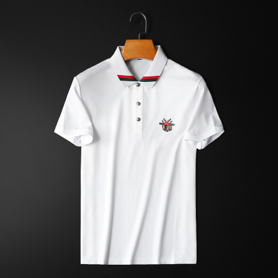 梵克公牛轻奢男装欧洲站夏季新款双丝光翻领短袖T恤POLO衫男士修身蜘蛛刺绣半袖衫白色M