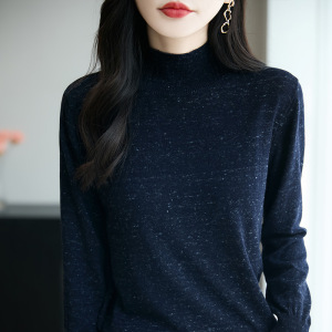秋冬点子纱半高领精纺羊毛女针织打底衫套头宽松显瘦毛衣上衣潮