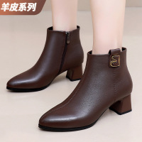 皮靴女秋冬新款尖头粗跟中跟短靴时装靴复古风后拉链女靴棉靴