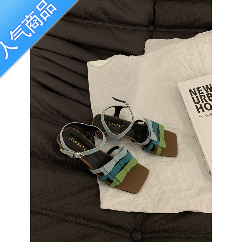 SUNTEK彩色蝴蝶结凉鞋女2023新款外穿夏季粗跟复古方头小众设计感仙女风