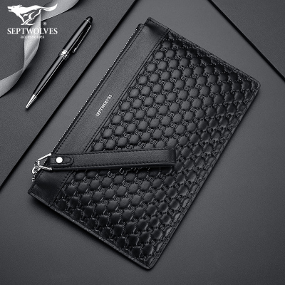 七匹狼男士手包头层牛皮大容量时尚潮流男包手拿包信封包黑色休闲时尚9021黑色