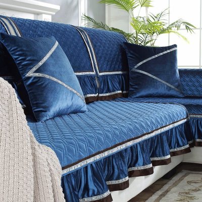 家柏饰(CORATED)毛绒沙发垫四季通用皮沙发防滑坐垫子简约现代时尚沙发套罩 暖熙-蓝色 80*210cm+花边