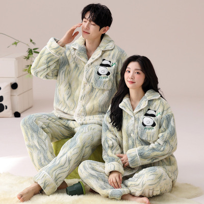 情侣睡衣女款春秋冬季珊瑚绒加厚加绒保暖一男士一女士家居服套装