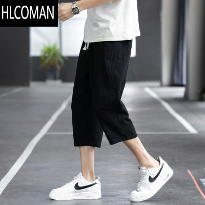 HLCOMAN棉麻短裤男夏季薄款外穿潮流亚麻冰丝裤男生阔腿运动休闲七分裤子