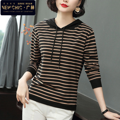 广赫春夏棉条纹长袖T恤女夏宽松妈妈装打底衫大码秋季连帽上衣卫衣t卫衣