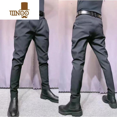 YANXU秋季百搭黑色长裤修身扎腰带散脚休闲裤韩版潮流小脚裤男直筒西裤