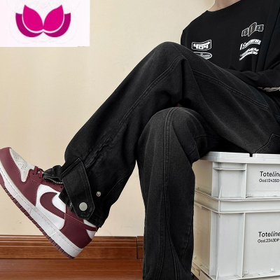 七斓美式黑色牛仔裤男高街大码拉链直筒裤潮牌宽松小众阔腿长裤子