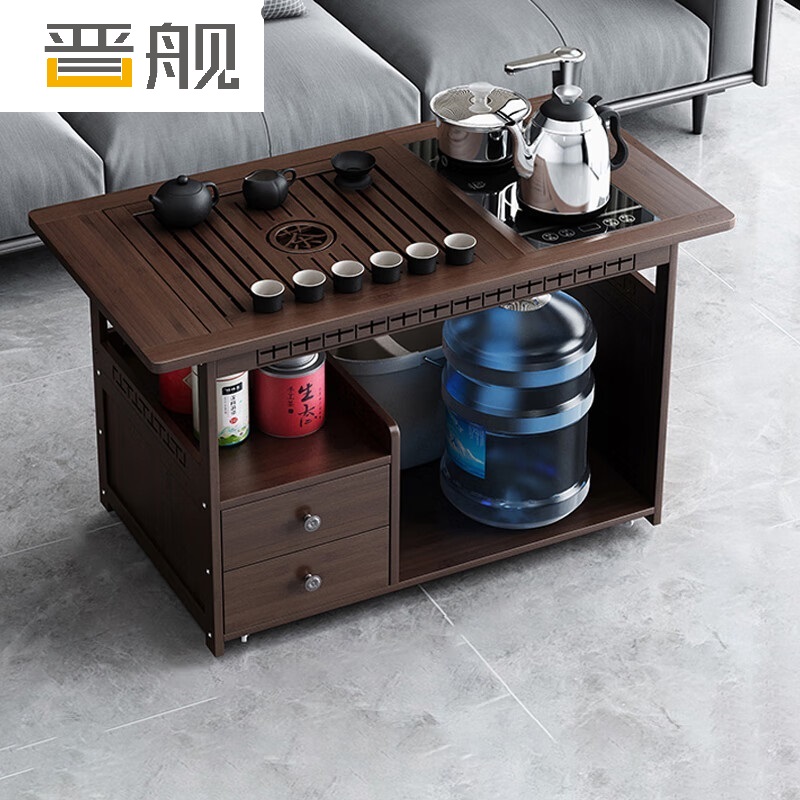 晋舰 移动茶台家用阳台竹木小茶桌烧水壶一体简约现代功夫茶几 全自动+黑陶茶具