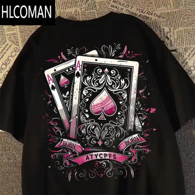 HLCOMAN美式复古hiphop潮牌扑克牌印花学生短袖t恤男夏宽松百搭