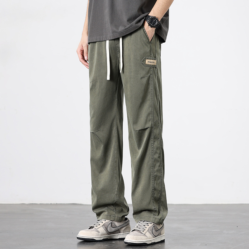 军绿双抽绳工装裤男 贴标装饰直筒裤 春夏透气休闲长裤