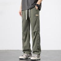 军绿双抽绳工装裤男 贴标装饰直筒裤 春夏透气休闲长裤