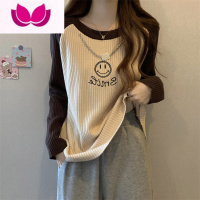 七斓撞色长袖t恤女内搭大码宽松小众设计感正肩显瘦打底衫上衣ins