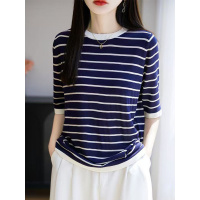 冰丝针织短袖女夏季新款圆领条纹撞色宽松显瘦薄款T恤五分袖上衣