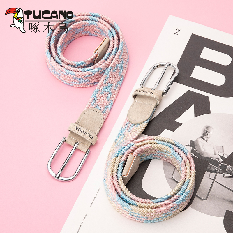 啄木鸟皮带女帆布腰带弹力编织松紧针扣年轻人学生懒人配牛仔裤带