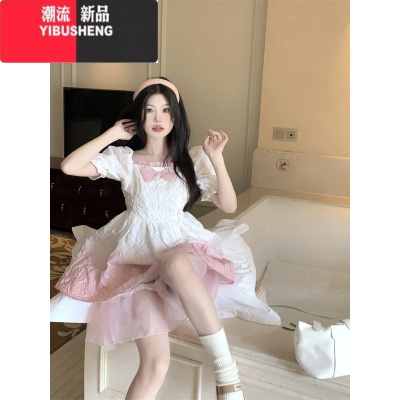 YIBUSHENG法式甜美方领蝴蝶结连衣裙女季高级感气质收腰小个子公主蓬蓬裙