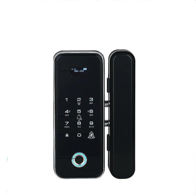 办公室玻璃门指纹锁免开孔密码锁单双门有无框智能全自动电子门锁 考勤指纹一体机 银色 双门有框