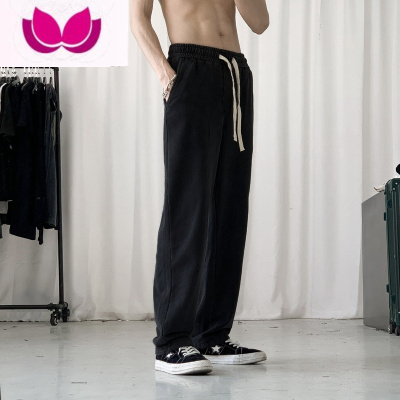 七斓高街裤子男复古垂坠感休闲宽松百搭直筒2022黑色潮牌运动卫裤