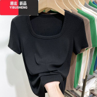 YIBUSHENG大码方领短袖T恤女装微胖mm2024新款低胸露锁骨螺纹体恤u领上衣