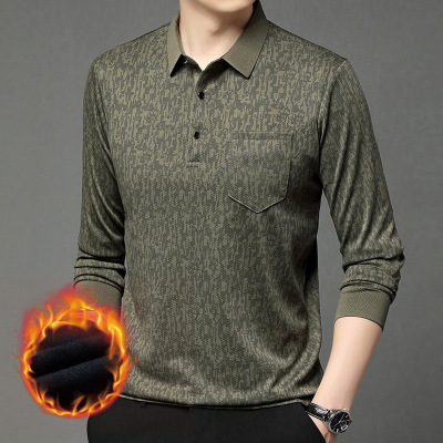 新款男士时尚休闲polo衫加绒加厚保暖男装口袋翻领T恤打底衫