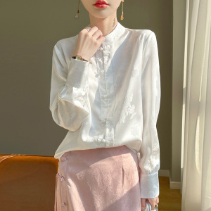 春夏新款新中式国风立领提花衬衫女缎面衬衣百搭上衣