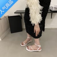 SUNTEK仙女风配裙子绑带粗跟凉鞋女2023年夏法式一字带夹趾平底罗马凉鞋