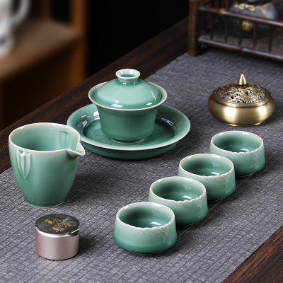 MULTIPOTENT整套茶具功夫茶具套装青瓷釉三才盖碗茶杯茶壶套组(带香道)精美伴手礼盒套装