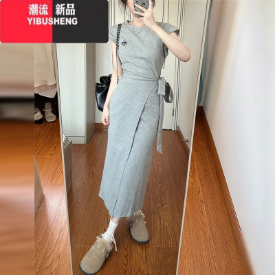 YIBUSHENG法式灰色短袖绑带收腰连衣裙子女季2024新款设计感小众气质长裙