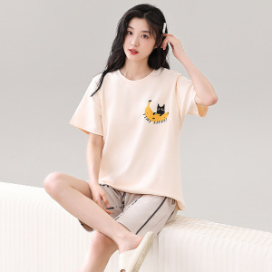 睡衣女士夏季纯棉韩版卡通短袖全棉可爱休闲短裤家居服套装可外穿