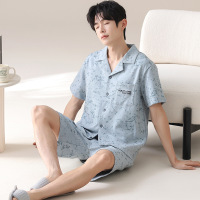夏季韩版睡衣男士皱布开衫短袖大码青少年宽松休闲学生家居服套装