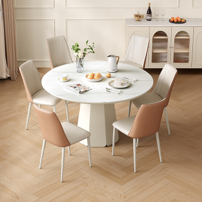全友家居餐桌法式奶油风圆桌客厅餐厅钢化玻璃桌面聚餐吃饭桌