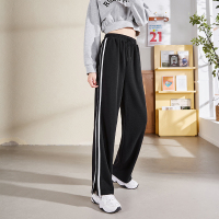 [2.5折价75元]唐狮春新款休闲裤女黑色条纹直筒阔腿裤宽松分叉显瘦显高裤子