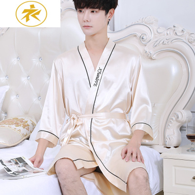 Ideamini韩版睡袍男士夏季冰丝中长袖睡衣系带浴袍夏天薄款短袖家居服大码