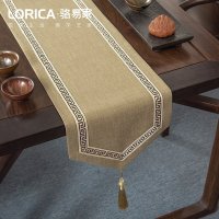 美式桌旗新中式禅意茶旗布现代简约茶几餐桌北欧电视柜布 福延年-麻色(尖角款) 33*240cm(适用桌长1.9米-2米)