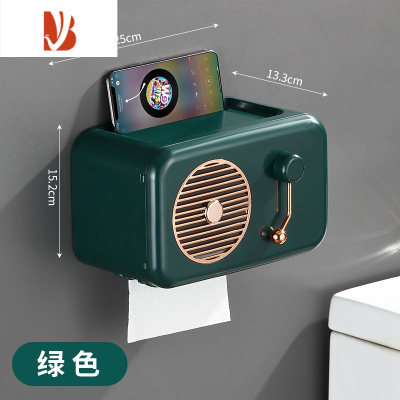 三维工匠卫生间纸巾盒免打孔壁挂式防水卫生纸置物架厕所卷纸盒挂架抽纸盒 轻奢绿色●[可放抽纸●卷纸●垃圾袋]