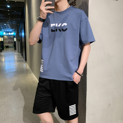 蓝缕金(LANLVJIN)2021新款短袖t恤男士跑步休闲套装男装夏季潮牌宽松百搭两件套青少年圆领学生时尚潮流半袖衣服